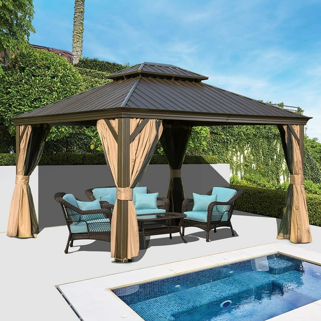 Domi Pavillon à Toit Rigide 12 X 14 Pi, Cadre en Aluminium avec Double Toit en Acier Galvanisé, Pavillon Extérieur avec Rideaux et Moustiquaire pour Patio, Brun