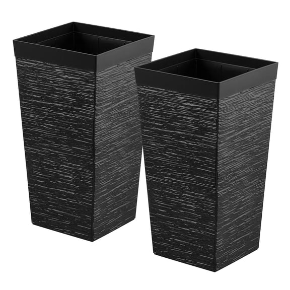 KFFKFF Set of 2 Tall Planters, 23in Large Tapered Pots for Indoor and Outdoor Plants, Modern Plastic Flower Containers with Wheels, Inner Pot, and Drainage Holes for Patio, Garden, Black