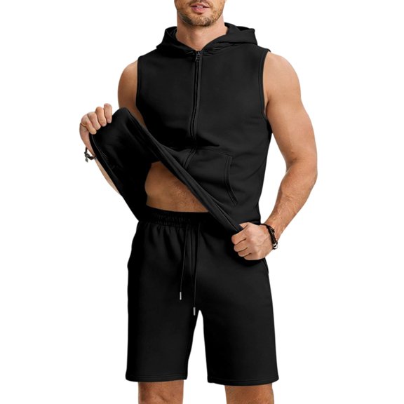 Ceisia Men's Sleeveless Hoodie and Shorts Set Full Zip Hooded Tank with Drawstring Shorts Black M Gifts for Father