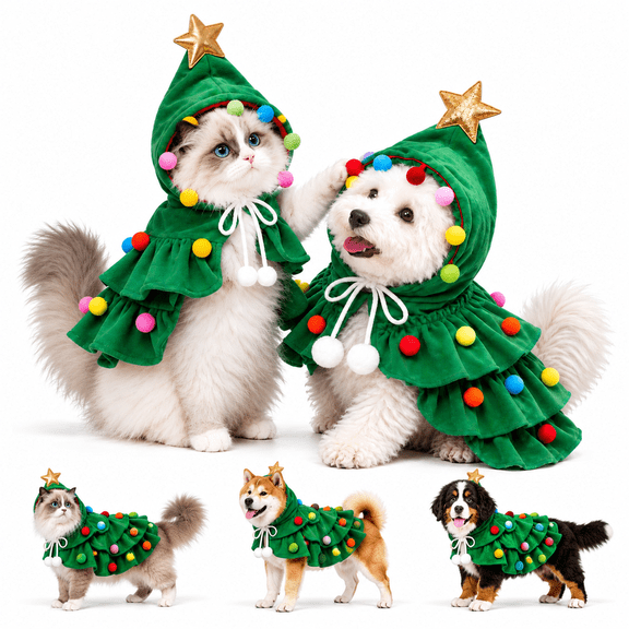 Christmas Tree Dog Costume Dog Christmas Outfit Cute Cat Christmas Cloak with Hat Star Pompoms Elf Costume