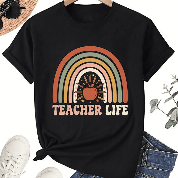 Teacher Life Graphic T-Shirt for Educators, 100% Cotton Unisex Crew Neck Short Sleeve