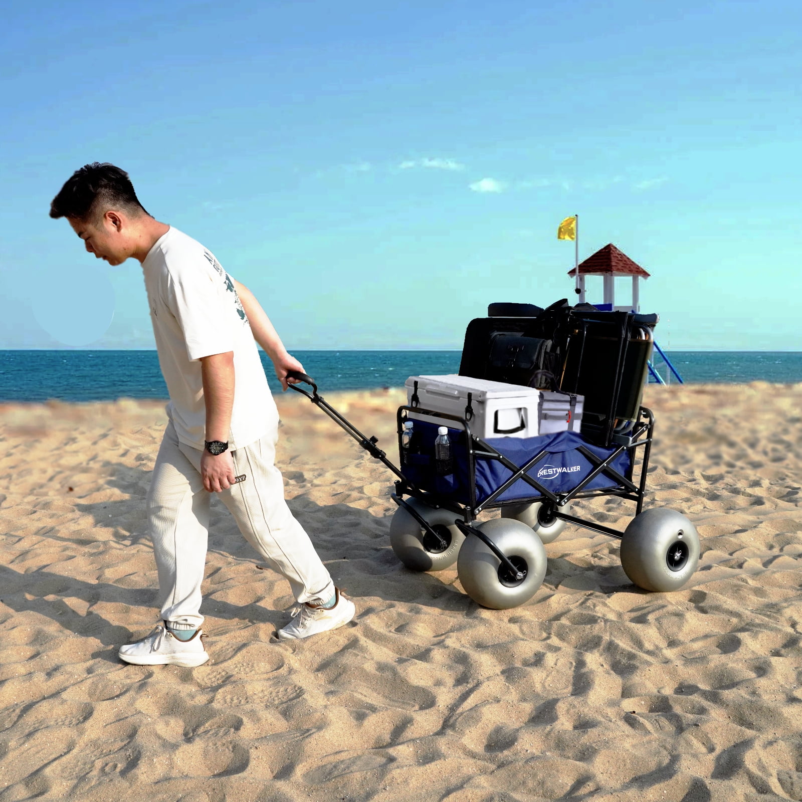 CRESTWALKER Beach Wagon with 13'' Balloon Tires and Chair Racks, Collapsible Cart with Big Wheels for Sand, Pump Included