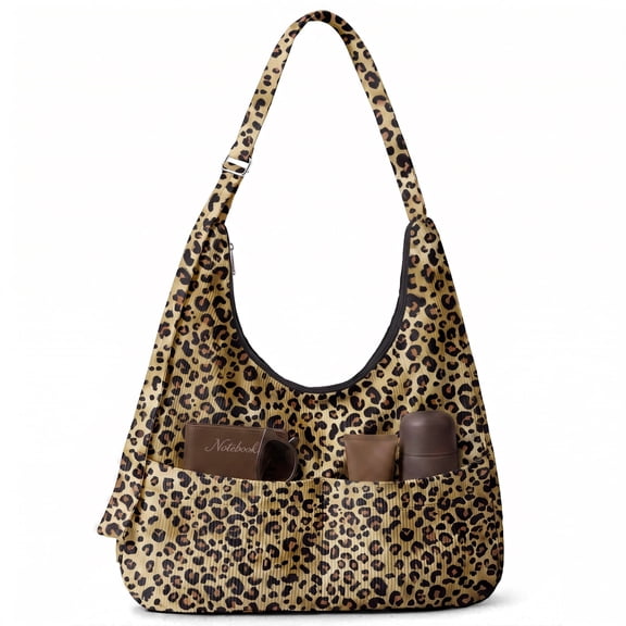 Gocvo Multi-Pocket Hobo Bags for Women, Corduroy Tote Bag for Casual Outings Work Shopping(Leopard)