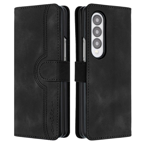 for Samsung Galaxy Z Fold 3 Case with Card Holder, Genuine PU Leather Wallet Stand Cover with Flip Kickstand RFID Blocking Magnetic Clasp Phone Case for Samsung Galaxy Z Fold 3, Black