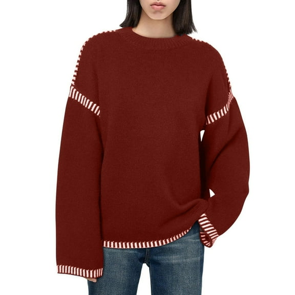 Zedker Casual Women'S Color Splicing Crewneck Tops,Comfy Loose Crewneck Knitted Sweatshirts,Classic Long Sleeve Pullover Sweaters,Red,XXL