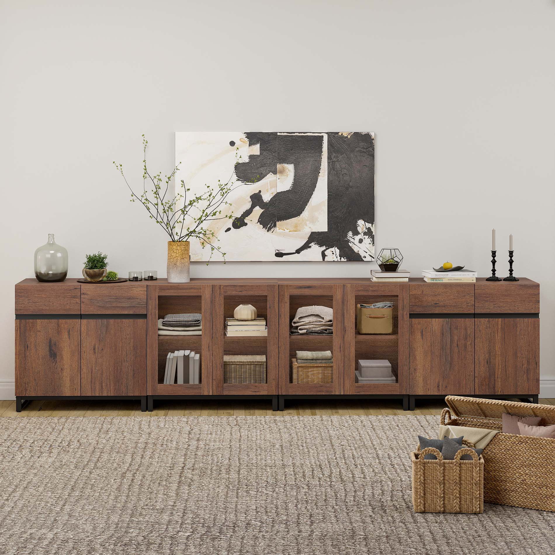 Modern 4-in-1 Storage Chest, Multifunctional Dresser with Glass Doors & Adjustable Shelves, Versatile Closet Organizer Cabinet for Bedroom Living Room,Brown