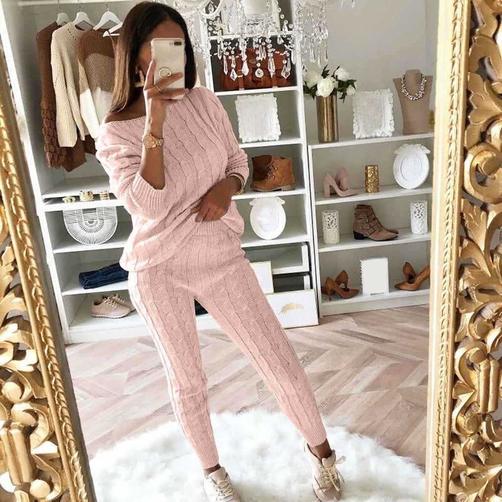 Women's Dog Tooth Roll Neck Tracksuit Set Ladies Chunky Knitted Loungewear Suit 
