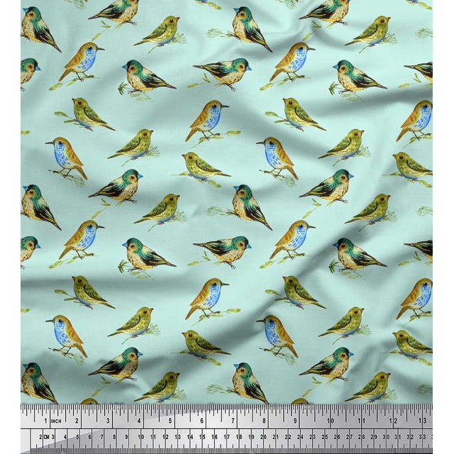 Soimoi Green Cotton Duck Fabric Flycathcer Bird Print Fabric by Yard 58 Inch Wide
