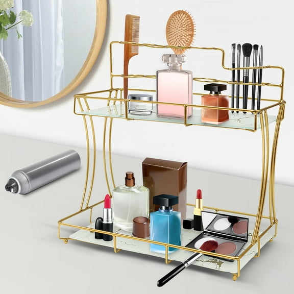 Gold Bathroom Organizer Countertop with Toothbrush Holders, 2 Tier Bathroom Vanity Organizer Makeup Shelf Removable Tier Tray for Dresser,Bedroom, Living Room