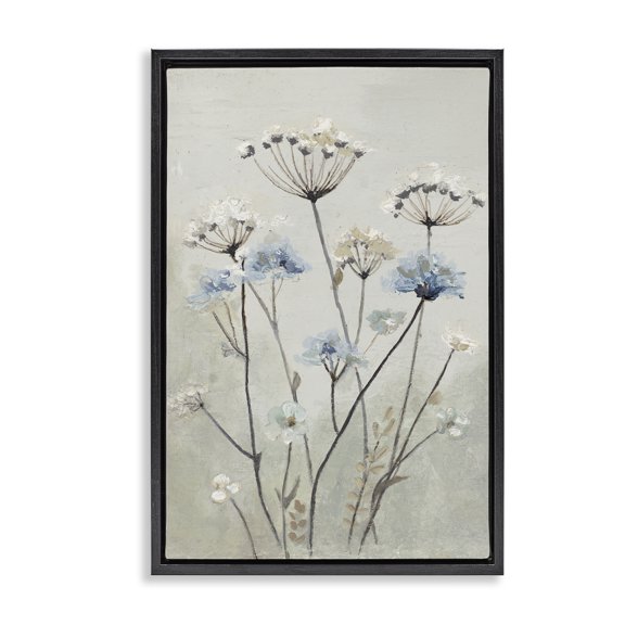 Stupell Industries Farmhouse Neutral & Blue Dandelions Black Floating Frame Canvas Art, 17 x 25, by Patricia Pinto