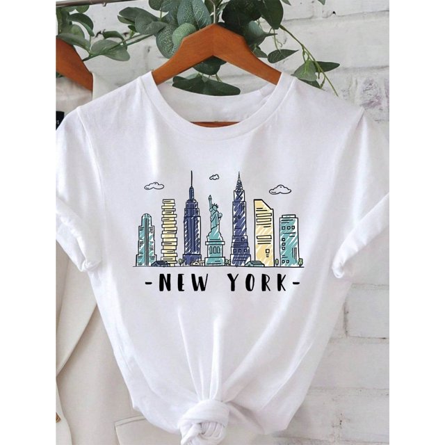 Women'S Casual Round-Neck Short-Sleeve T-Shirt with a New York Pattern Print for Spring And Summer.