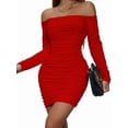 thumbnail image 2 of Women'S Off the Shoulder Long Sleeve Ruched Bodycon Dress Bustier Wrap Mini Dress Red XS, 2 of 9