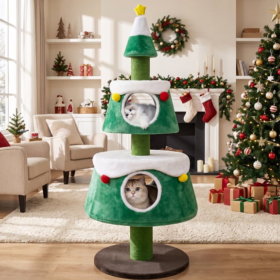 Dreischwarz Christmas Cat Tree with 2 Cat Condos and Star-Shaped Toy, Holiday Cat Tower for Indoor Cats, Green