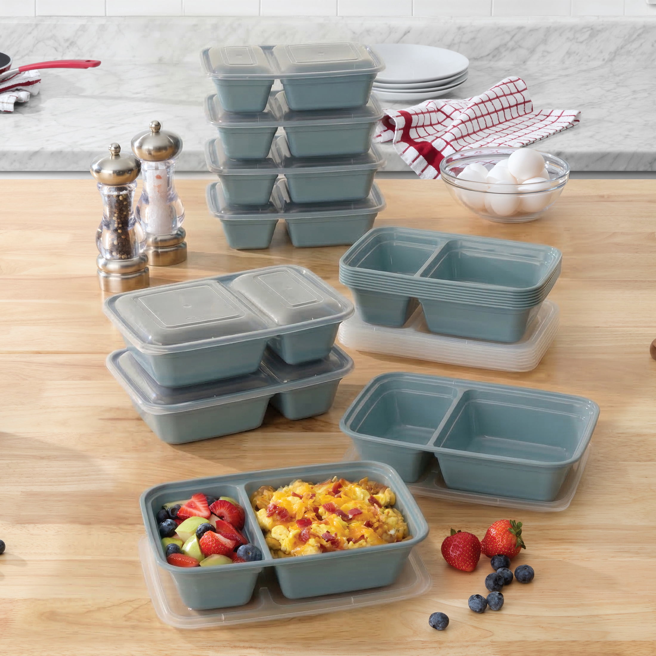 Mainstays 15-Pack 2-Compartment BPA-Free Meal Prep Food Storage Containers, Blue Cameo