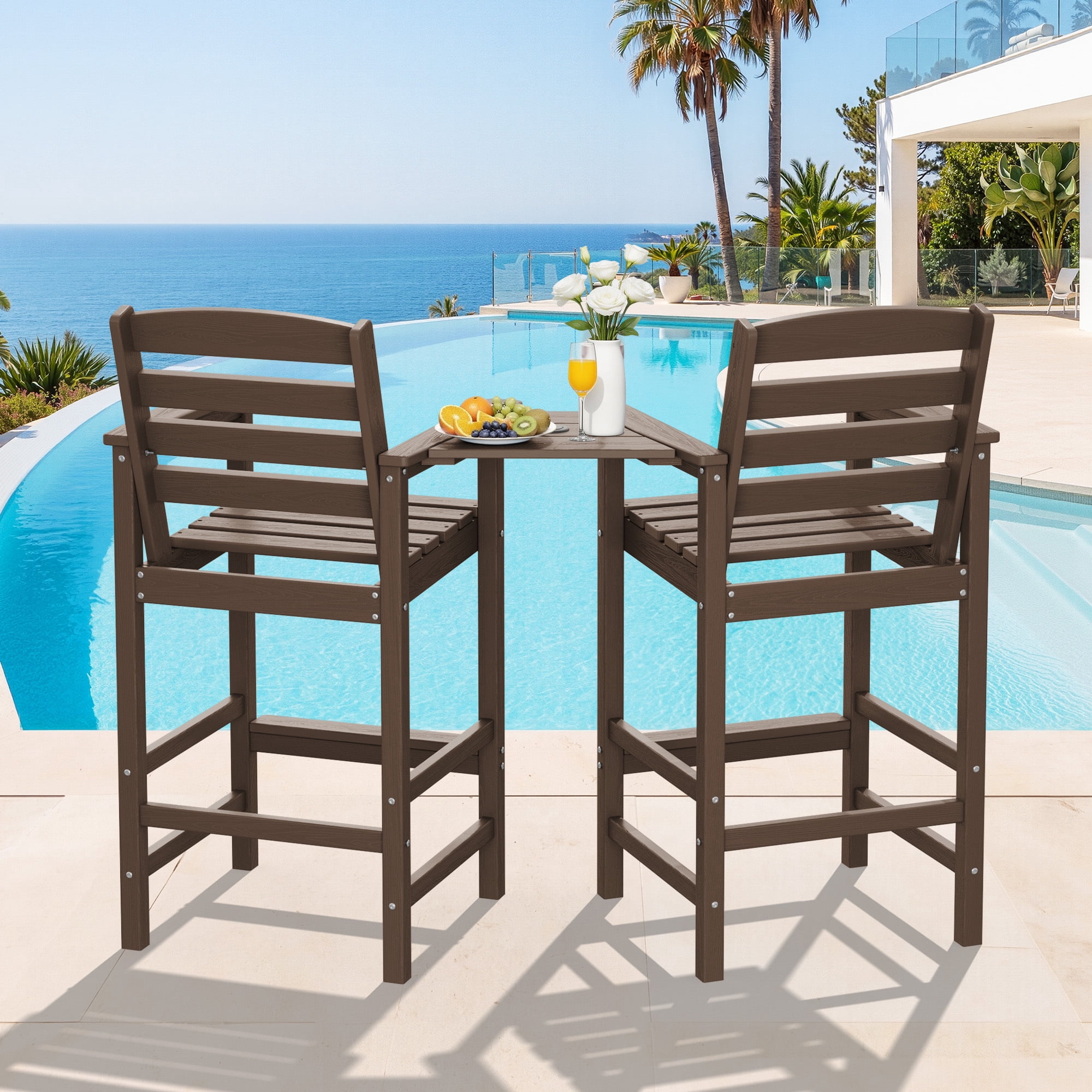 RIAFUN HDPE Height Bar Stools Set of 2 with Removable Connecting Table, Weather Resistant Outdoor Tall Adirondack Chairs with Umbrella Hole for Patio, Poolside, Garden, Coffee