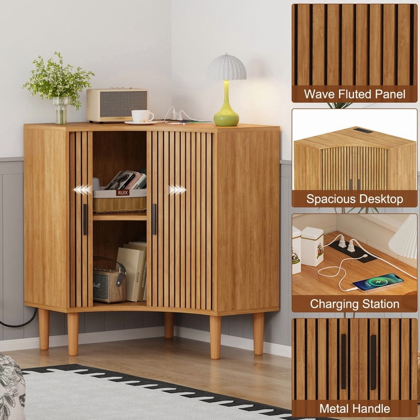 Fluted Corner Cabinet with Charging Station, Small Corner Floor Cabinet with Sliding Doors, Modern Wooden Freestanding Narrow Storage Organizer for Living Room, Small Space,Dining Room, Bathroom