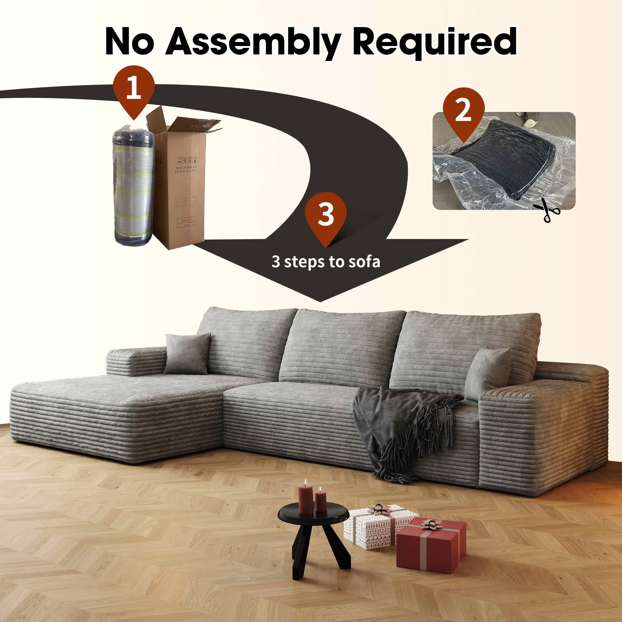 MAYEERTY 107" Cloud Sectional Couch, L-Shape Chaise Modular Sofa, Deep Seat Plush Corduroy, No Assembly, Gray