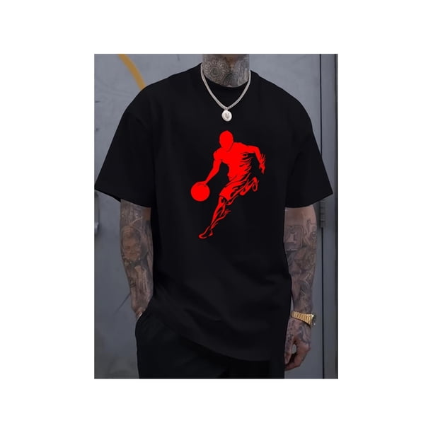 Men's Basketball Silhouette Print T-Shirt, 100% Cotton Casual Crew Neck Long Sleeve T-Shirt, Slightly Stretchable, Four Seasons Comfort Fit Fabric Top