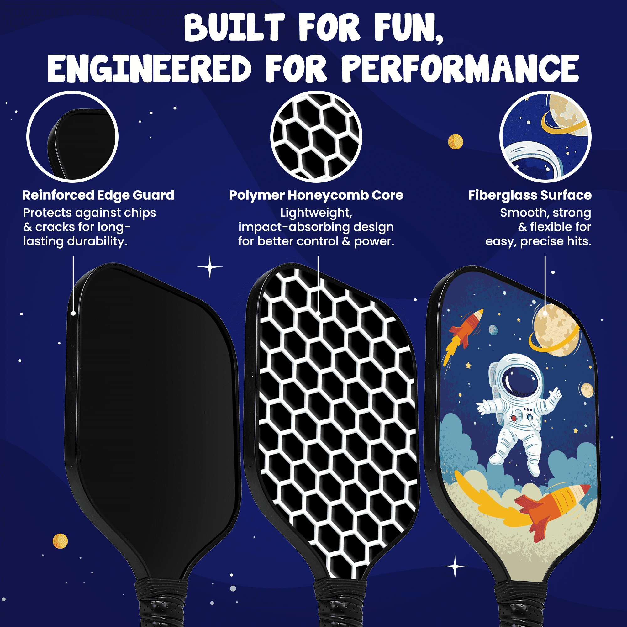 Kids Pickleball Paddle – Astronaut & Galaxy Design for Ages 3–12 | Lightweight 0.37 lb Fiberglass Paddle with Small Grip | Beginner-Friendly Paddle for Boys & Girls