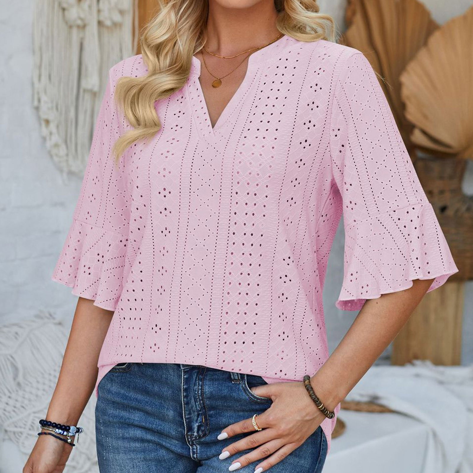 Chemisier Femme été à œillets Et Broderie - Col V, Manches Bouffantes - 100% Coton - Multiple Coloris Disponibles