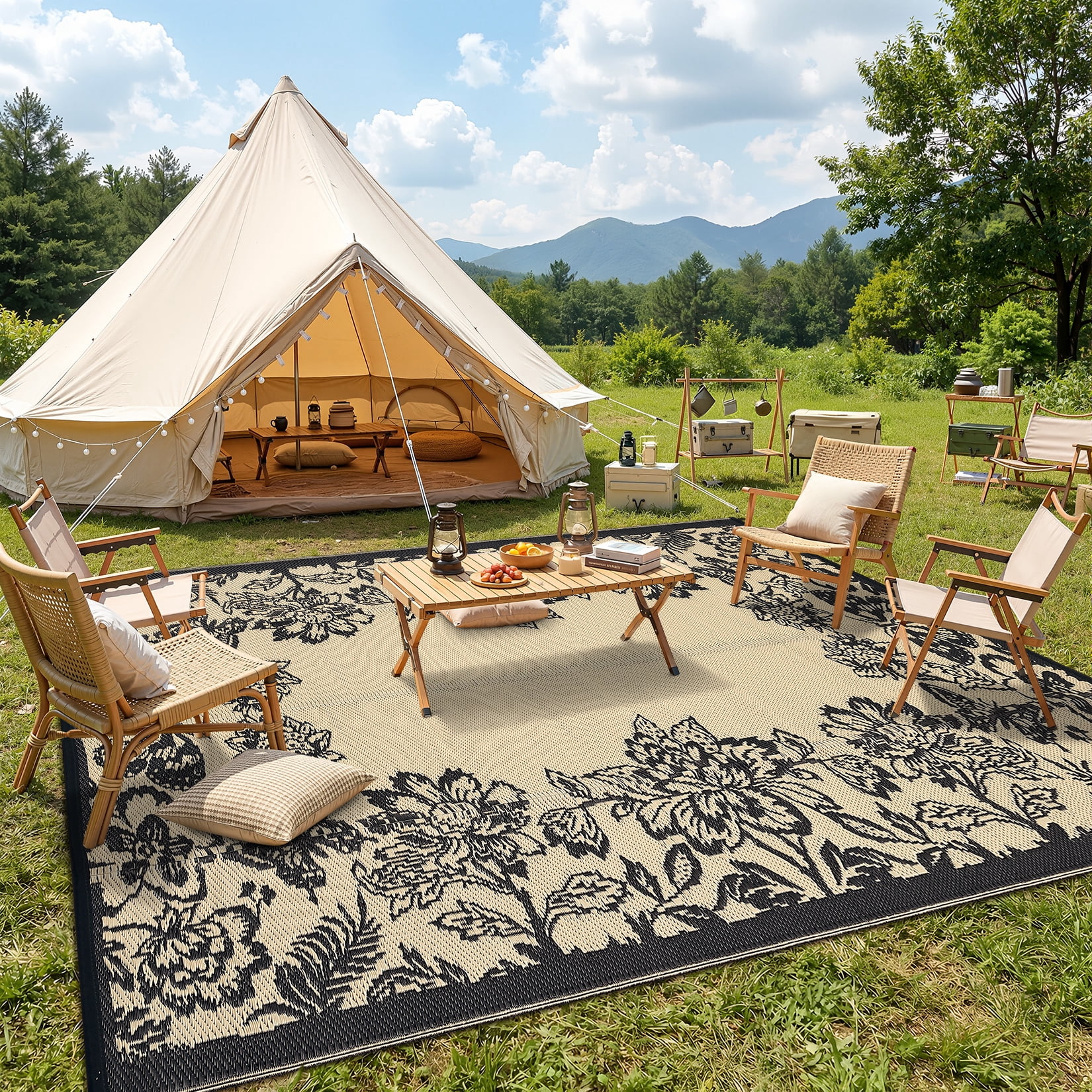 HIWEAVER Black/Brown 8'x 10' Outdoor Rug PP Plastic Straw Woven Waterproof Patio Rug with Floral Border Portable Outside Carpet for Balcony Deck Picnic Garden Decor