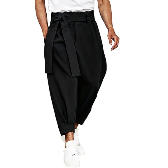 vdgthytj Mens Casual Pants Fashion Wide Leg Baggy Belt Pleated Solid Streetwear Tapered Cropped Pants with Pockets(Medium,Black)