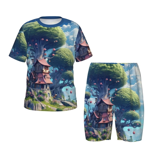 Balery Fantasy Treehouse Planet Scene Conjunto de Pijama Infantil de Manga Corta con Estampado – Ropa de Dormir de Algodón Suave-Small
