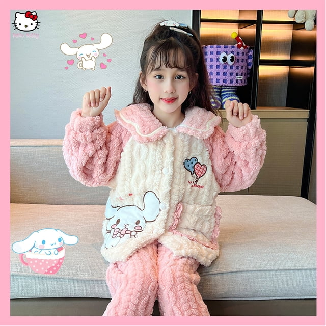 Kuromi Kids Coral Velvet Pajama Anime Sanrioed Cinnamoroll Melody Autumn Winter Kawaii Girl Warm Sleepwear Loungewear Homewear