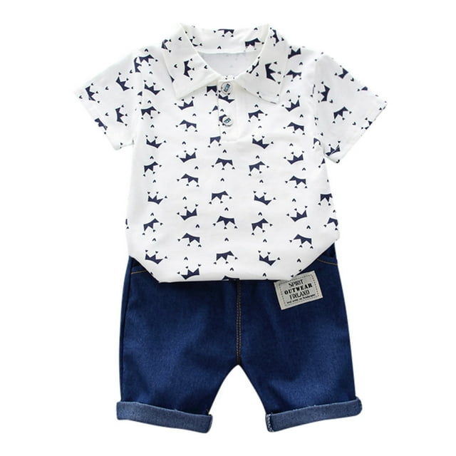 Toddler Kids Baby Boy Short Sleeve Crown Pattern Shirt Tops+ Denim Pants Set
