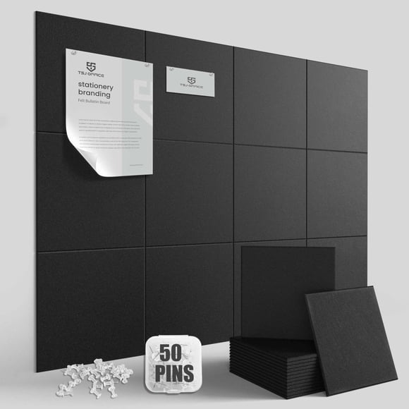 TSJOFFICE Large Cork Board for Wall - Bulletin Board 48" x 36" with 50 Pushpins for Office Decor, Pin Board 12 Pack Felt Wall Tiles with Safe Removab