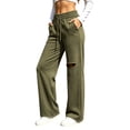 thumbnail image 5 of Women's Wide Leg Sweatpants Drawstring Distressed Hole Design Straight Style Side Pockets Loose Streetwear Casual Athletic Trousers, Sweatpants Y2K Army Green S, 5 of 6