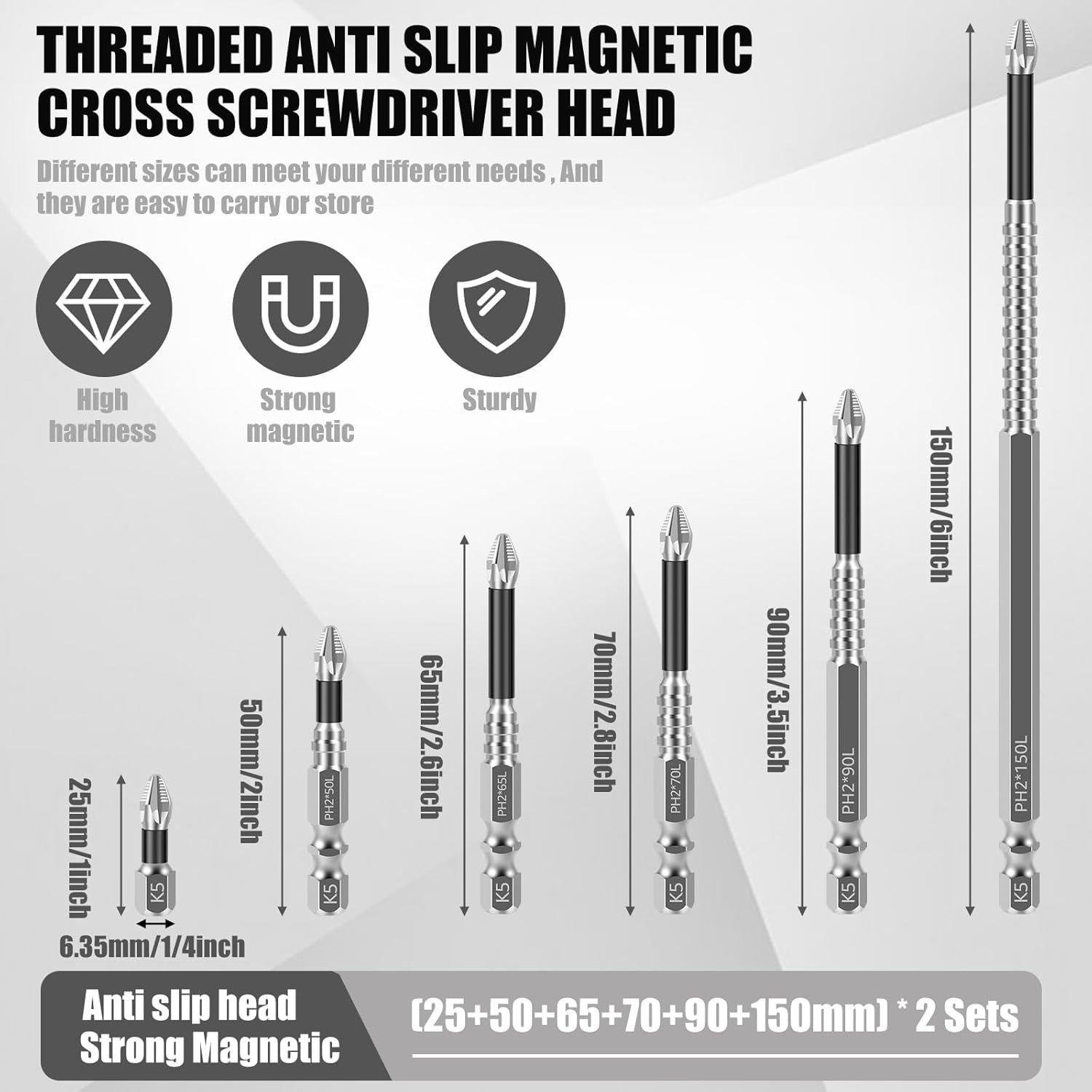 FRKSMD-24Pcs Impact Phillips Bits, Alloy High-Magnetic Screwdriver Drill Bit Set, Non-Slip Teeth Phillips Screwdriver Bit Set, Long Drill Bits for Electric Drills, 1+2+2.6+2.8+3.5+6in