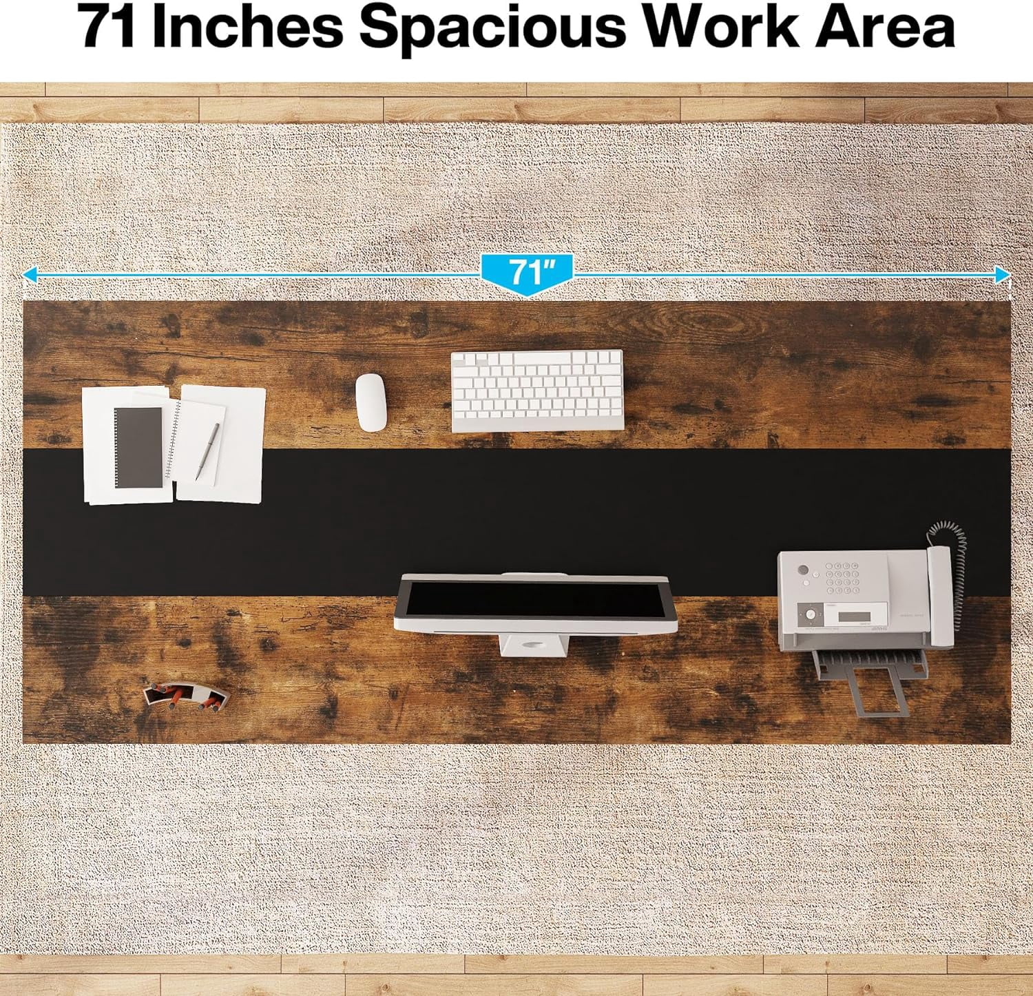 Finmind Executive Office Desk, Large Workspace, Modern Adult Writing Table, 70.87" L x 33.46" W x 29.92" H (Rustic Brown & Black)