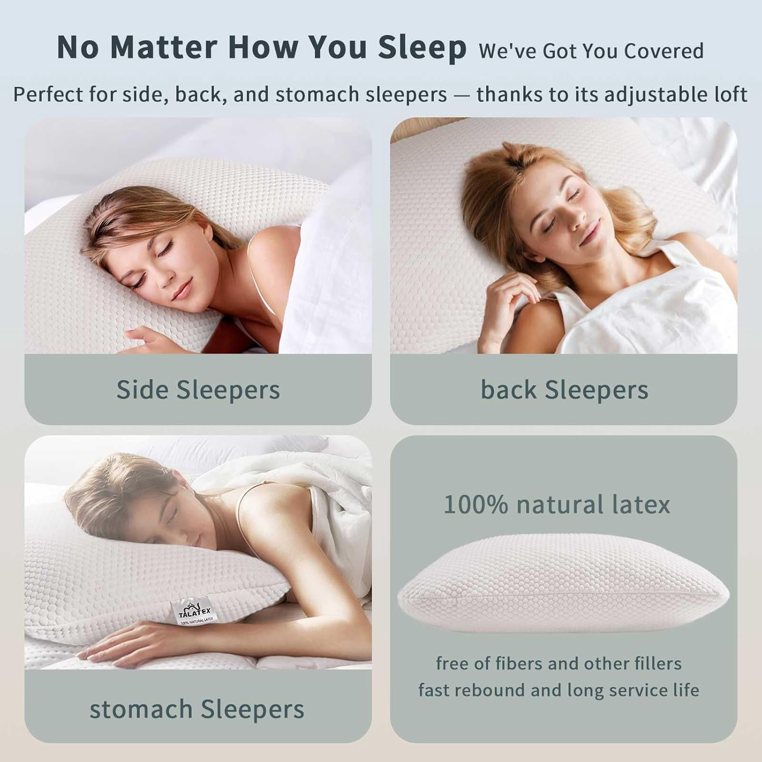 Talatex Talalay 100% Natural Adjustable Latex Pillow with Shredded Foam & Tencel Cover - Pressure Relief, Standard Size