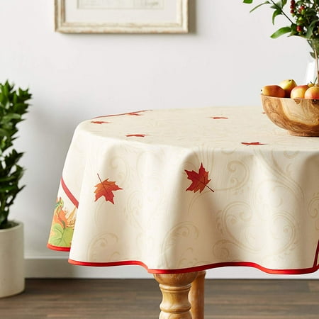 European Polyester Tablecloths - Fall Harvest Autumn Leaves With Pumpkins And Corn Print On The Side - Ivory 60 Round