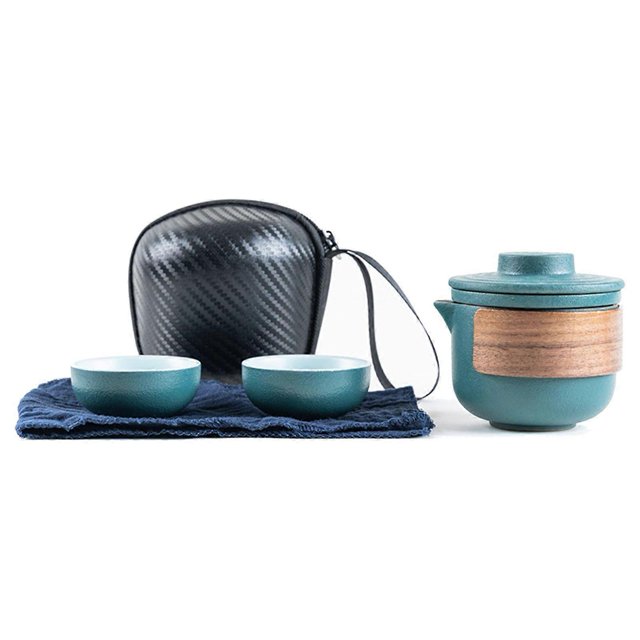 Travel Tea Set Portable Anti Burn Mini Ceramic Teapot Infuser Set for Outdoor with Storage Bag Green Pot with 2 Cups
