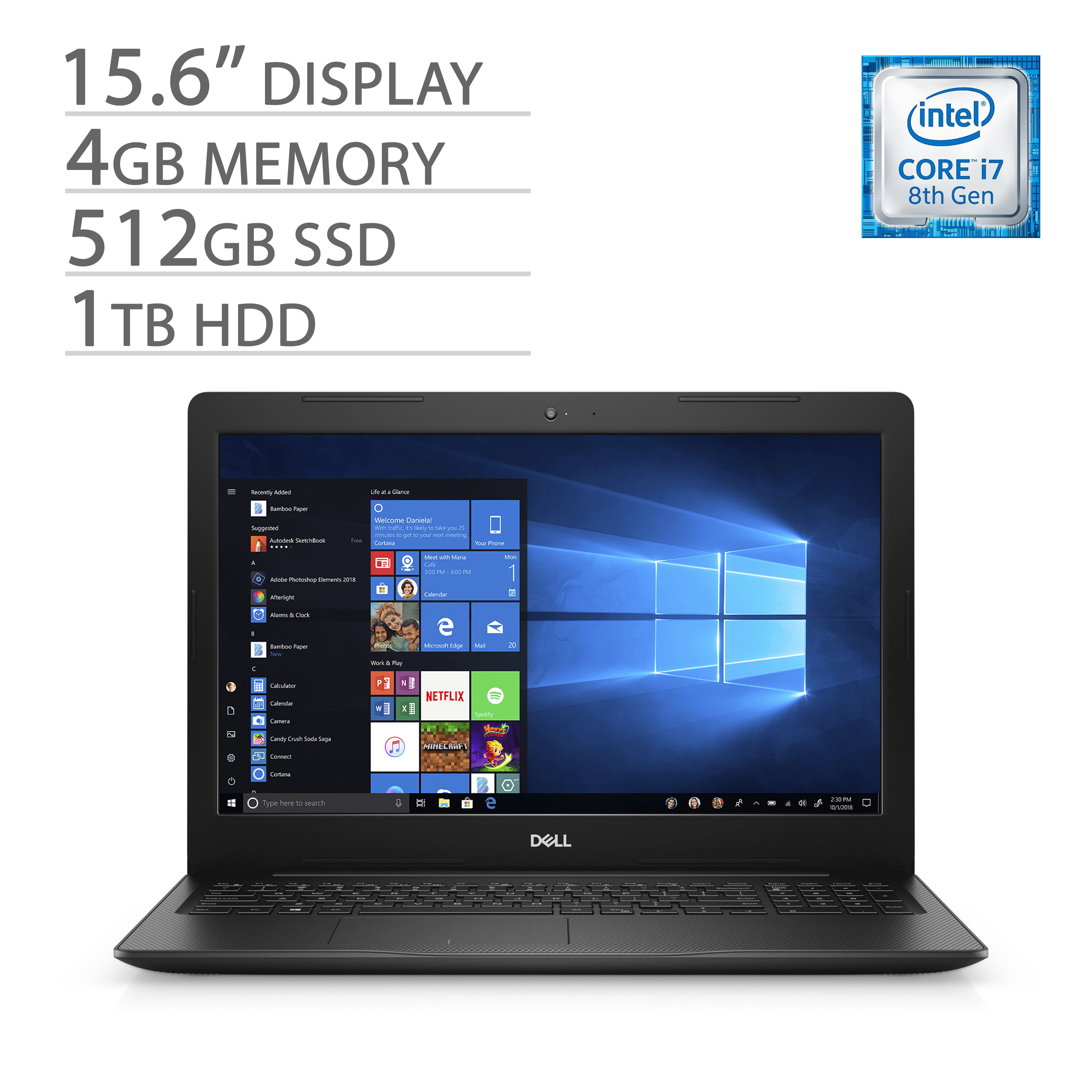 Dell Inspiron 15 15.6" FHD laptop, Core i7-8565U, 4GB RAM, 512GB PCIe