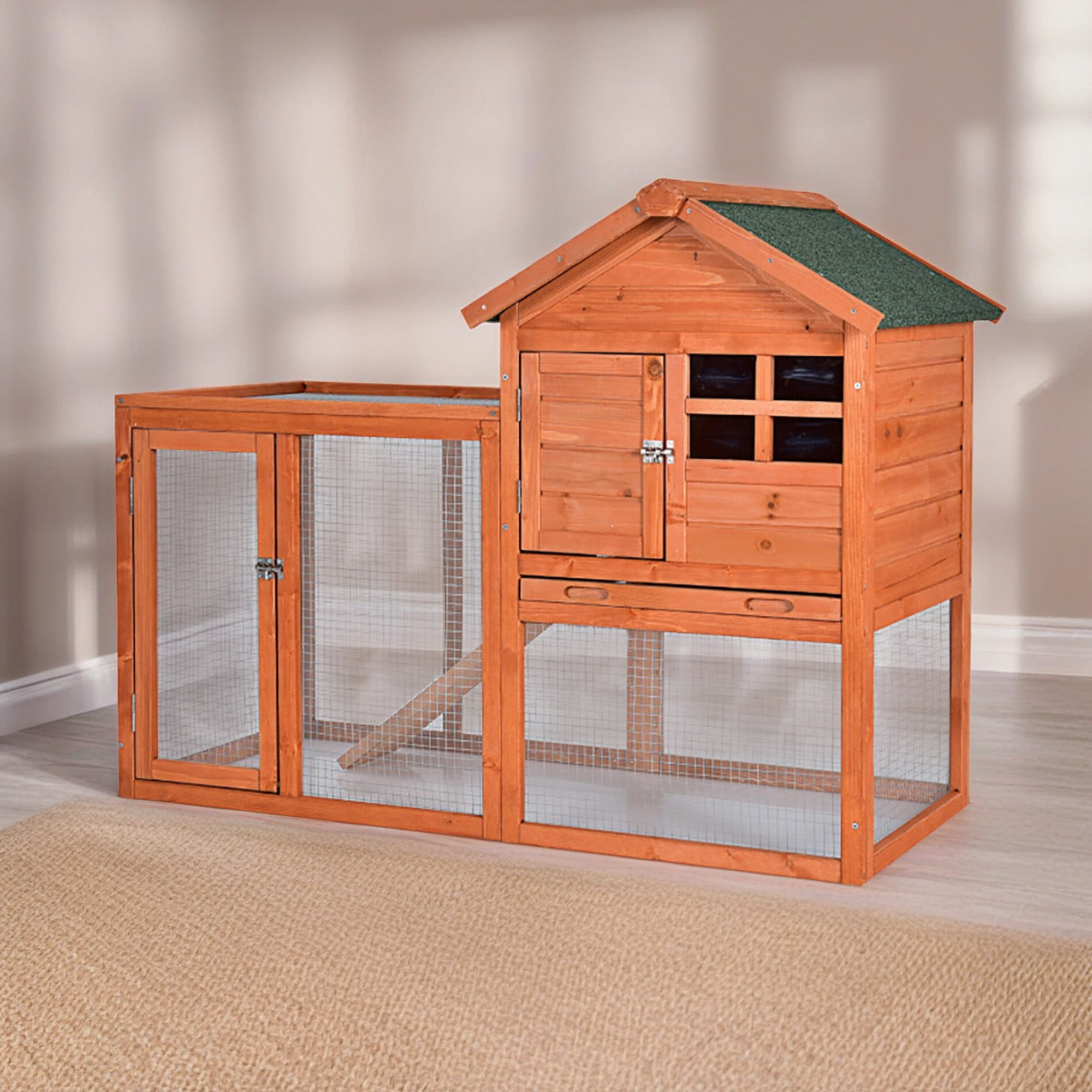 Kadyn 48" Wood 2 Tier Chicken Coop Habitat, Rabbit Hutch for Outdoors, Indoor Guinea Pig Coop Pet House with Stairs, Orange