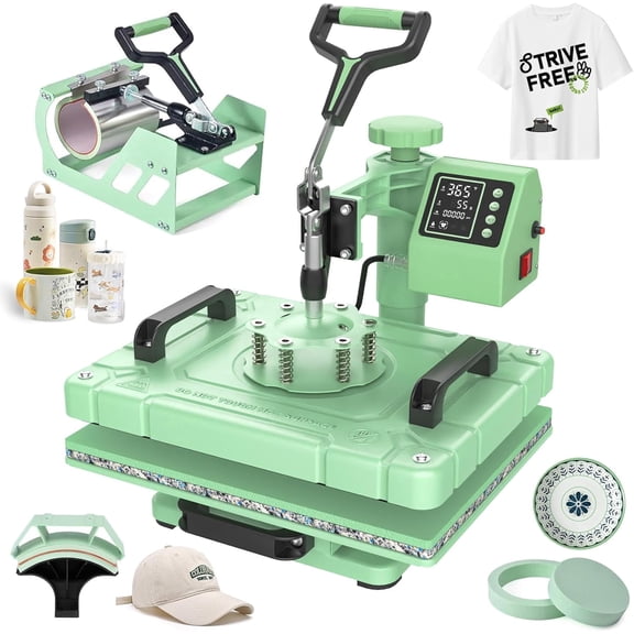PNKKODW 12x15 inch 5 in 1 Heat Press Machine with 11OZ Tumbler , 360° Swing Away Digital Sublimation Heat Transfer for T Shirts Mugs Hat Plate Cap, Green
