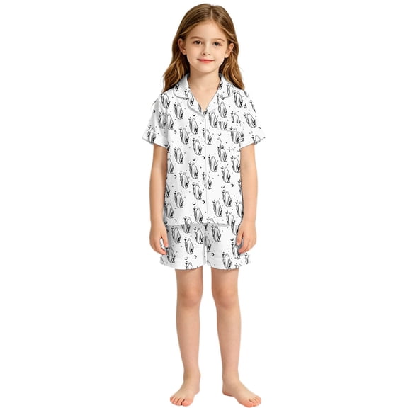 Toddler Kids Summer Two-Piece Outfit Halloween Print Short Sleeve Button Down Lapel Shirt And Shorts Homewear Girl Outfits Kids Clothes Size 3-4T