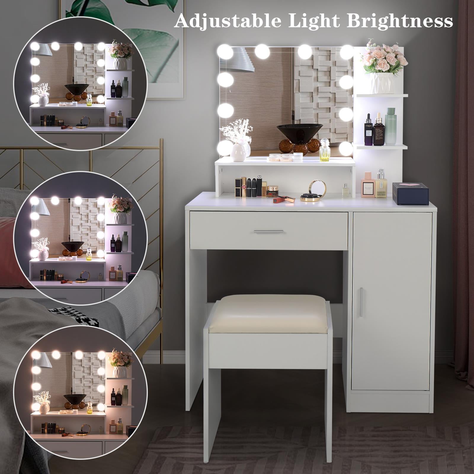3 Color Modes，Adjustable Brightness，White Vanity Makeup Table Chair Set，4 Drawers Makeup Table with Padded Stool Dressing Table with LED Light Mirror