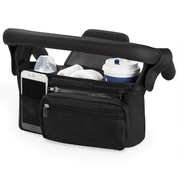 Detachable Zippered Pocket Stroller Organizer in Classic Black for Baby Strollers