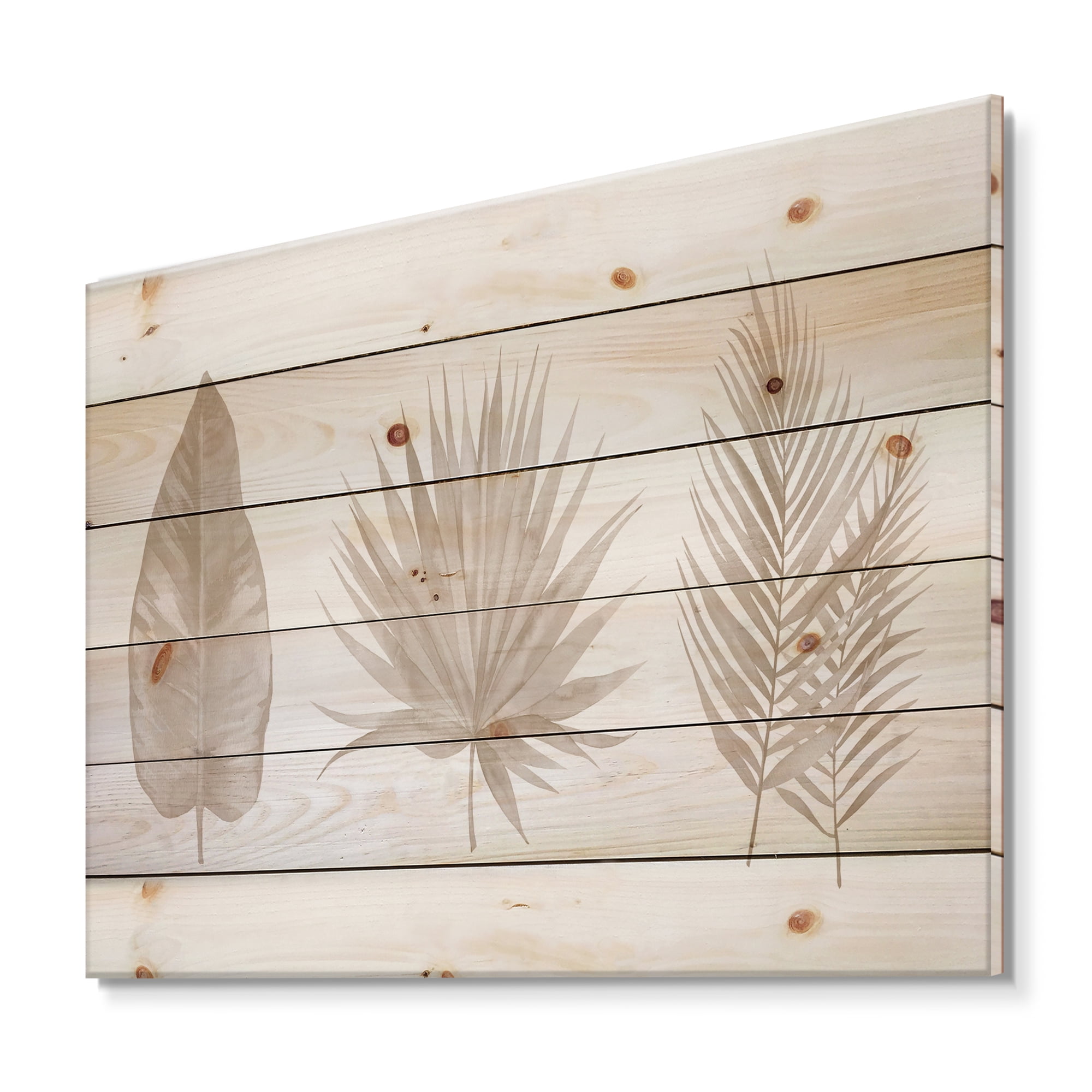 Designart 'Tropical Beiges Leaves On White' Traditional Print on Natural Pine Wood
