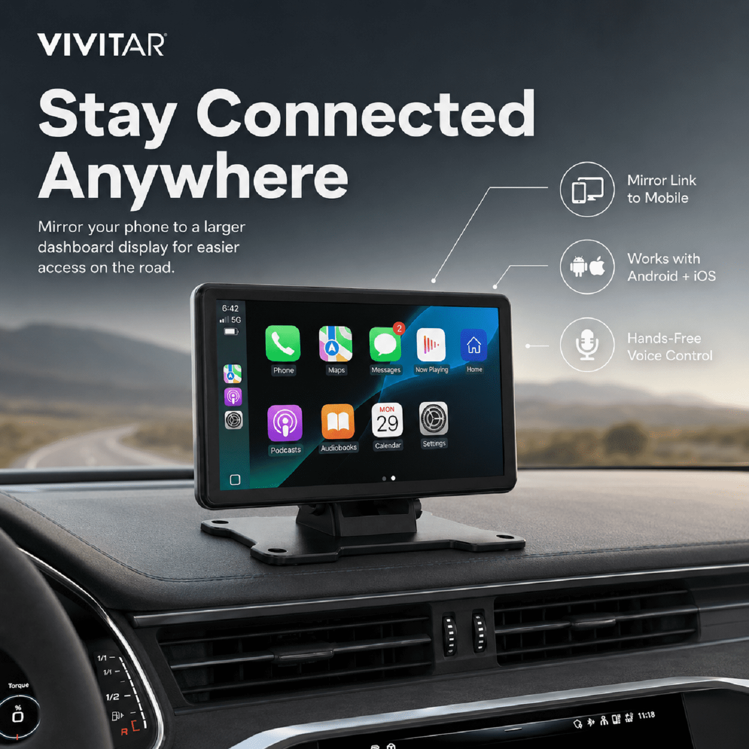 Vivitar 7-Inch In-Car Display with Touchscreen, Mirror Link, Voice Control, Navigation, Apps, Black