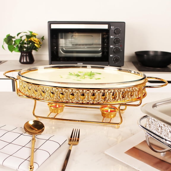 Casserole Dish 13" x 9" Glass Baking Dish with Stainless Steel Lid and Rack, Golden Oval 2.5 Qt Large Baking Pan For Casserole & Lasagna, Microwave Dishwasher Freezer Oven Safe