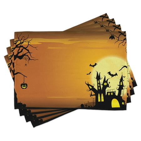 

Halloween Placemats Set of 4 Gothic Haunted House Bats Western Spooky Night Scene with Pumpkin Drawing Art Washable Fabric Place Mats for Dining Room Kitchen Table Decor Orange Black by Ambesonne