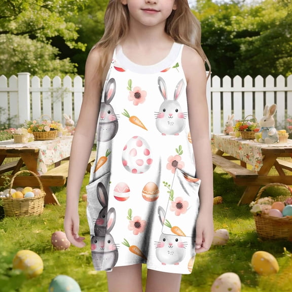 ATOGUTA Dress for Girls Casual Summer Spaghetti Straps Easter Romper Dresses with Pockets for Kid Size 3T-10. Multicolor