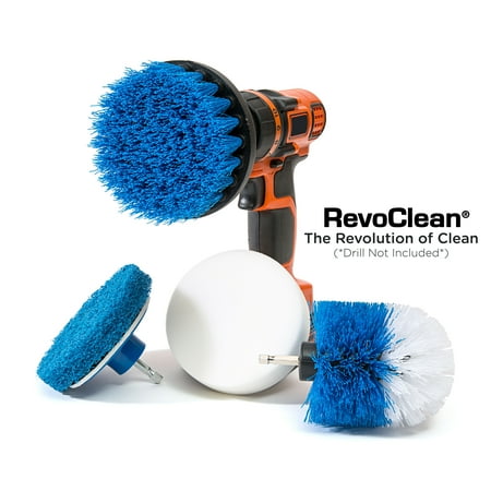 RevoClean 4 Piece Scrub Brush Power Drill Attachments-All Purpose Time Saving Kit-Perfect for Cleaning Grout, Tile, Counter, Shower, Grill, Floor, Kitchen, Blue & (Best Floor Scrubber For Tile And Grout)