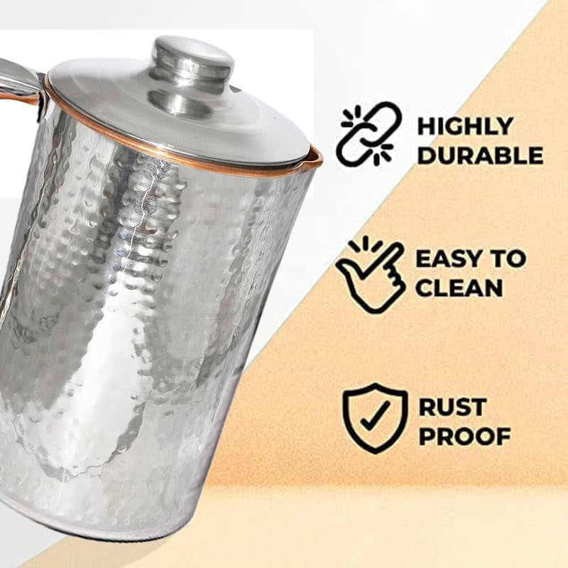 IMTRA FASHION Pure Copper and Stainless Steel Pitcher 50.7 Fl Oz Hammered Water Jug With Lid for Drinking Ayurveda Health Benefits