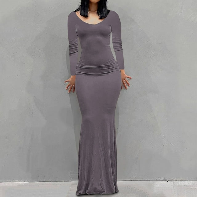 EQWLJWE Robes Moulantes pour Femmes Élégantes Col Rond Ajusté Manches Longues Aguichant sous-Couche Robe Nuisette